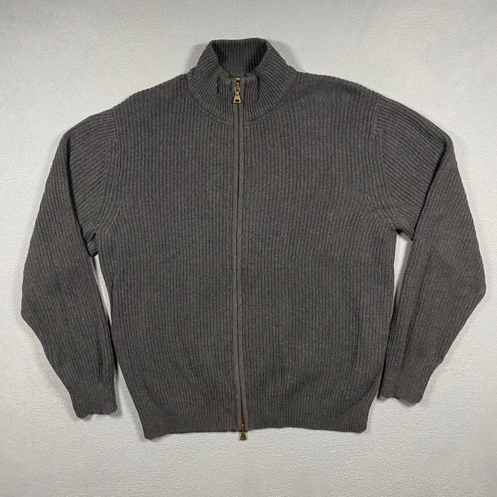 St. John's Bay Full Zip Sweater Mens Medium Gray Ribbed Knit Cotton Cardigan